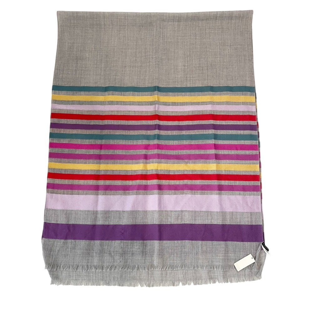 NEW Talbots Scarf Gray Multicolor Stripe Wool Silk Blend Eyelash Fringe Wrap